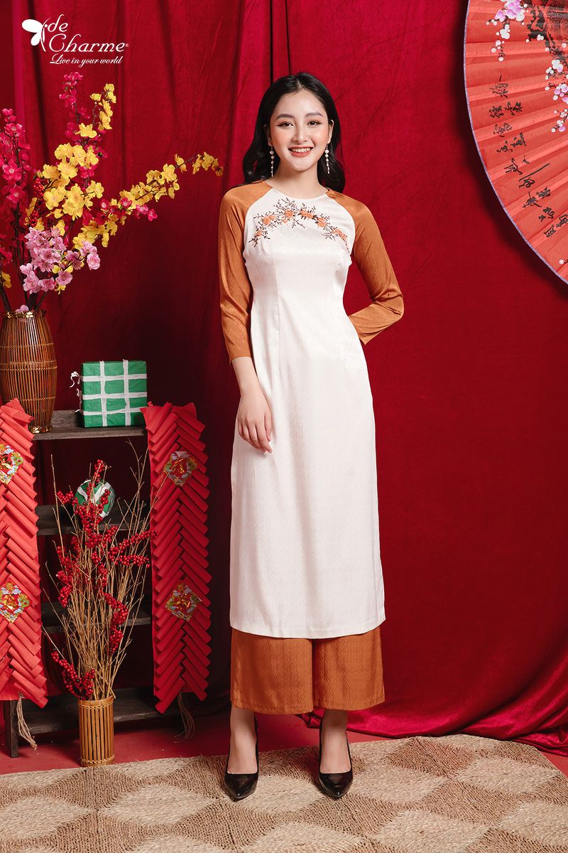 Áo dài phối tay và ngực - Cam - M