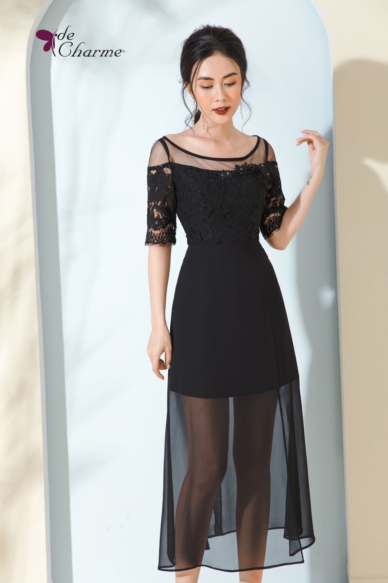 Đầm xẻ trước phối ren thân trên (Luxury) - Đen - S