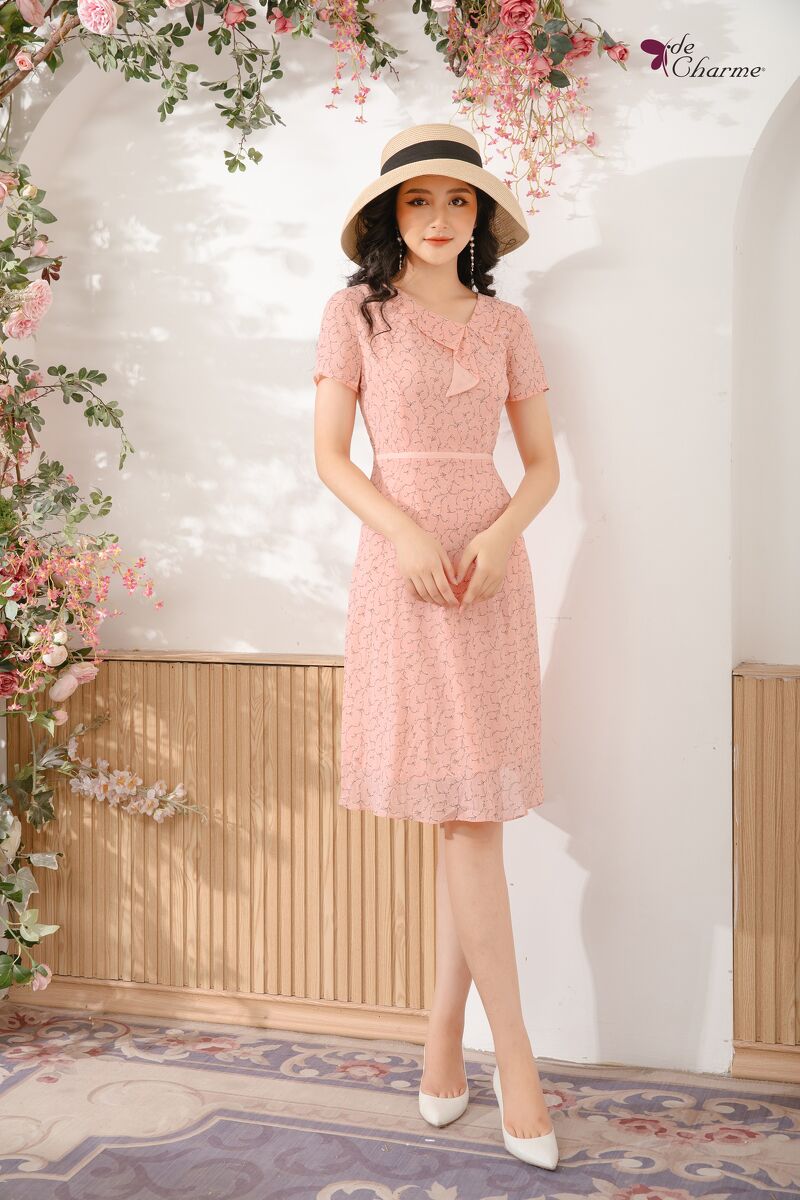 Đầm cổ nơ hoa nhí (the Next) - Hồng - S