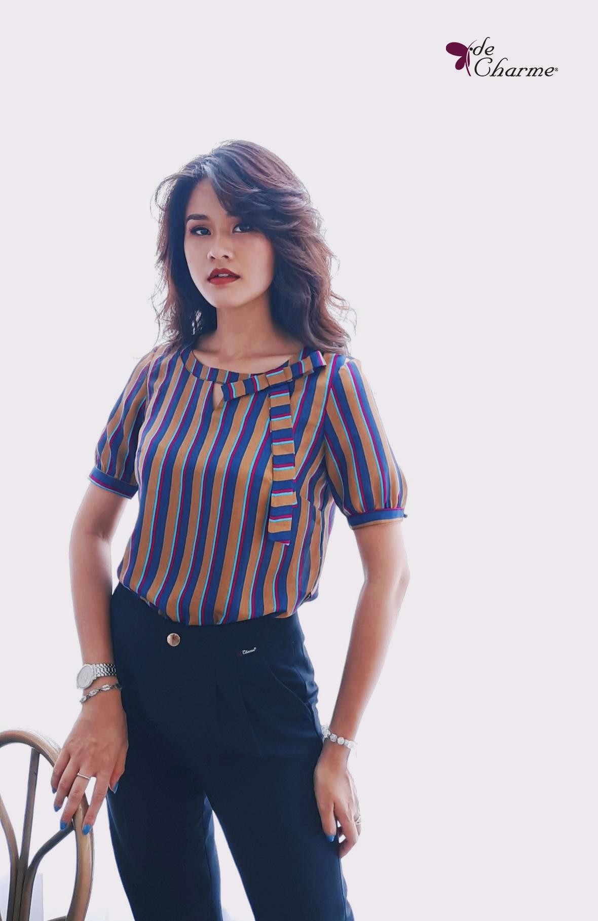 Sơ mi kẻ cổ buộc nơ
