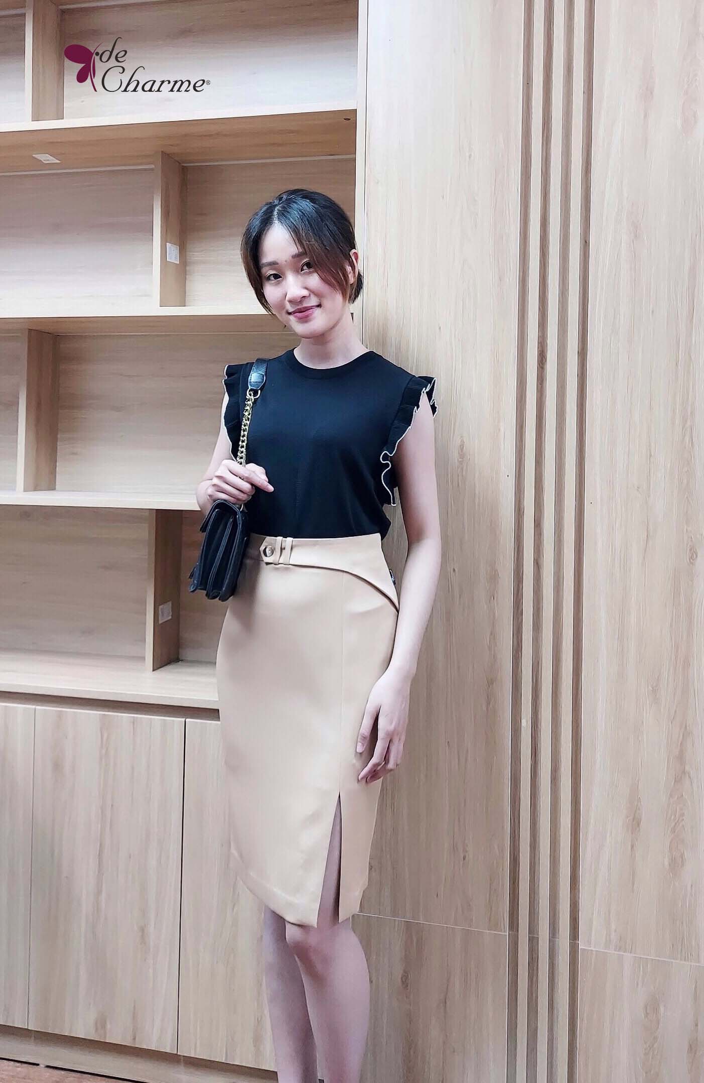 Chân váy cạp vát thành đai - Nâu - M
