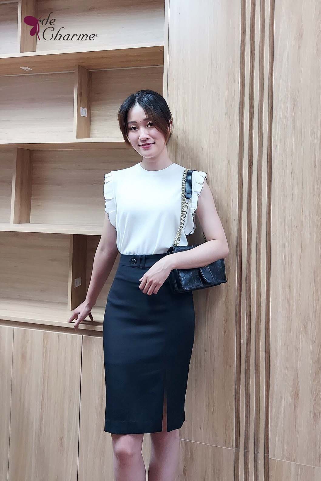 Chân váy cạp vát thành đai - Đen - L