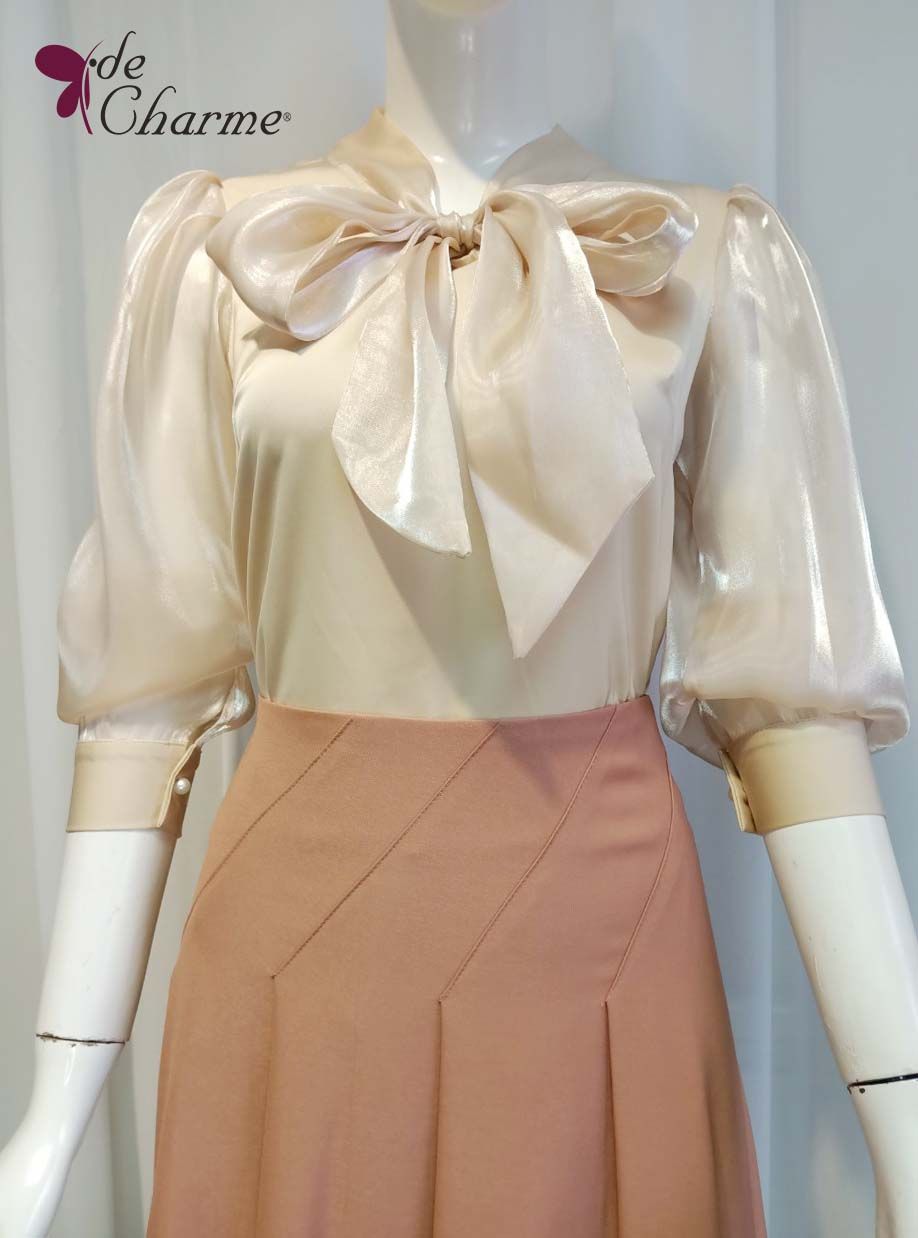Sơ mi cổ nơ organza - Be - S