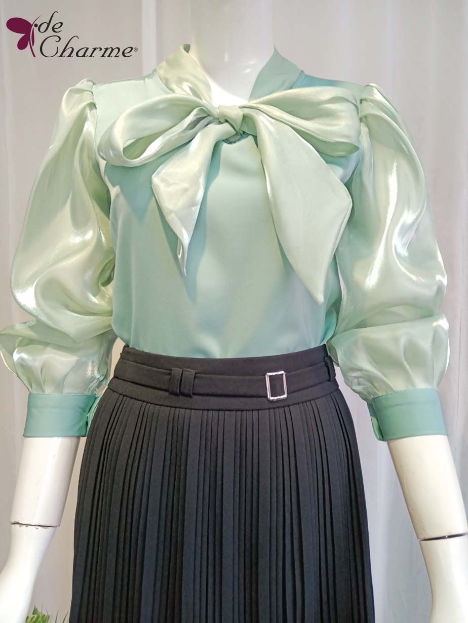 Sơ mi cổ nơ organza - Xanh lá cây - S