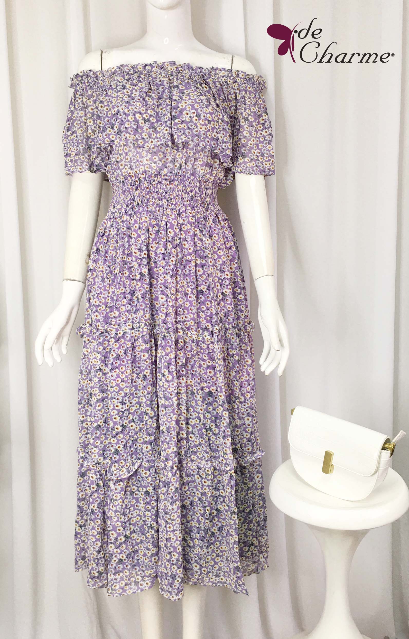 Đầm maxi hoa trễ vai - Tím - Free size