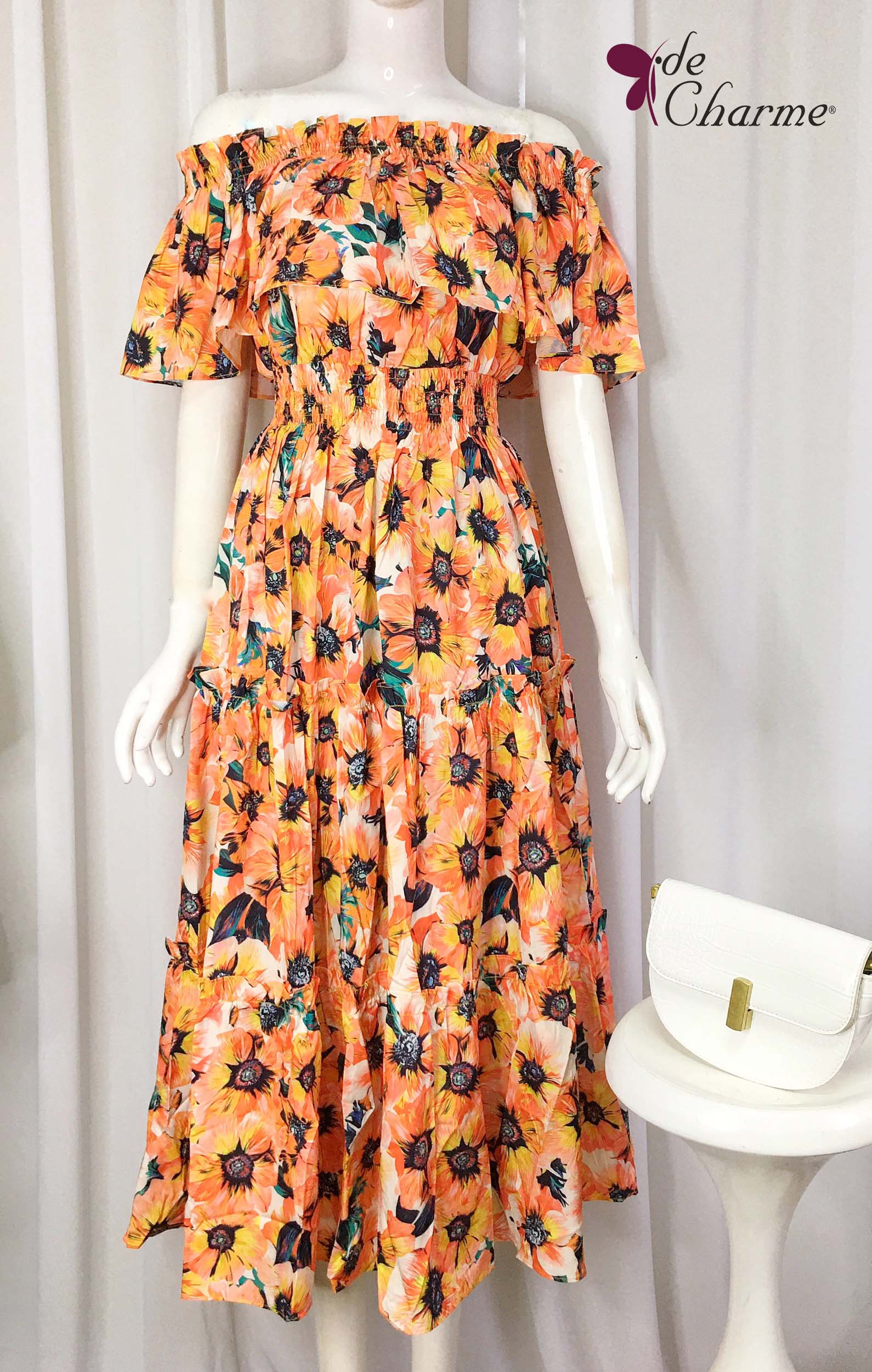 Đầm maxi hoa trễ vai - Cam - Free size