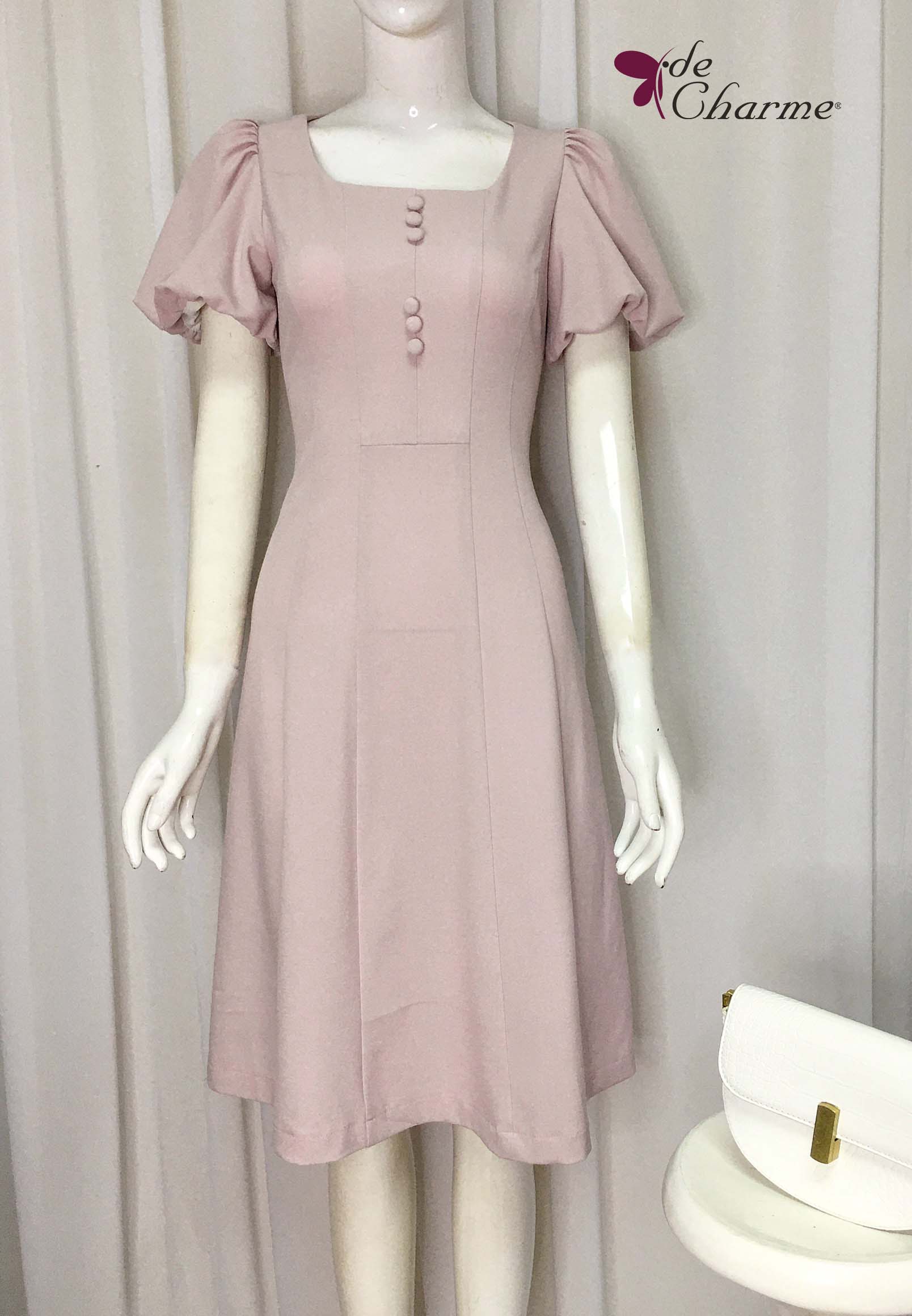 Đầm xòe cổ U tay bồng - Hồng - M