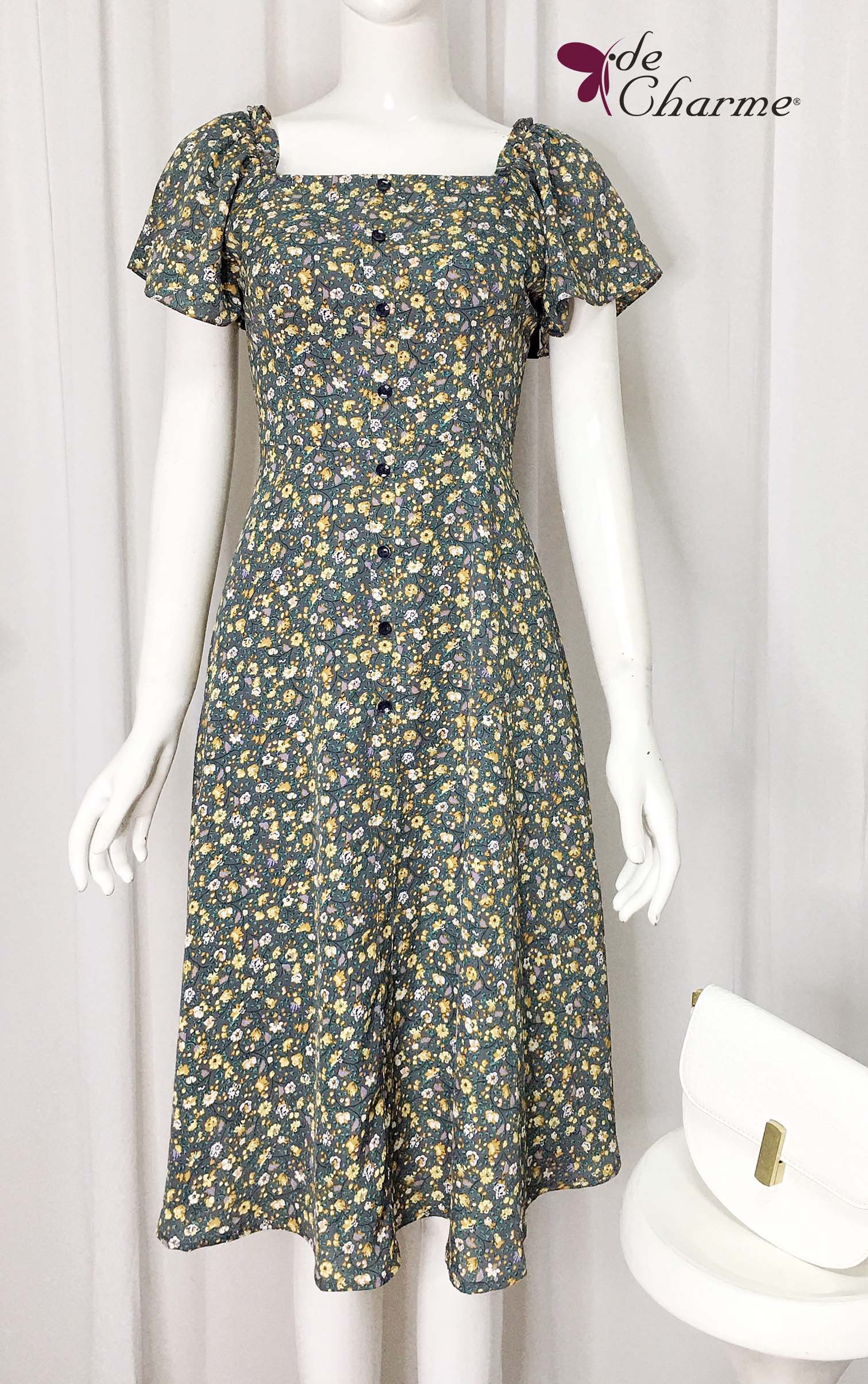 Đầm họa tiết bèo cổ nẹp ốp - Floral - S