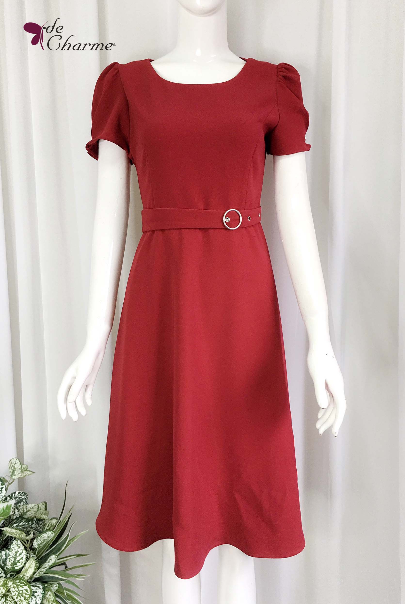 Đầm xòe tay ly súp eo - Đỏ - M