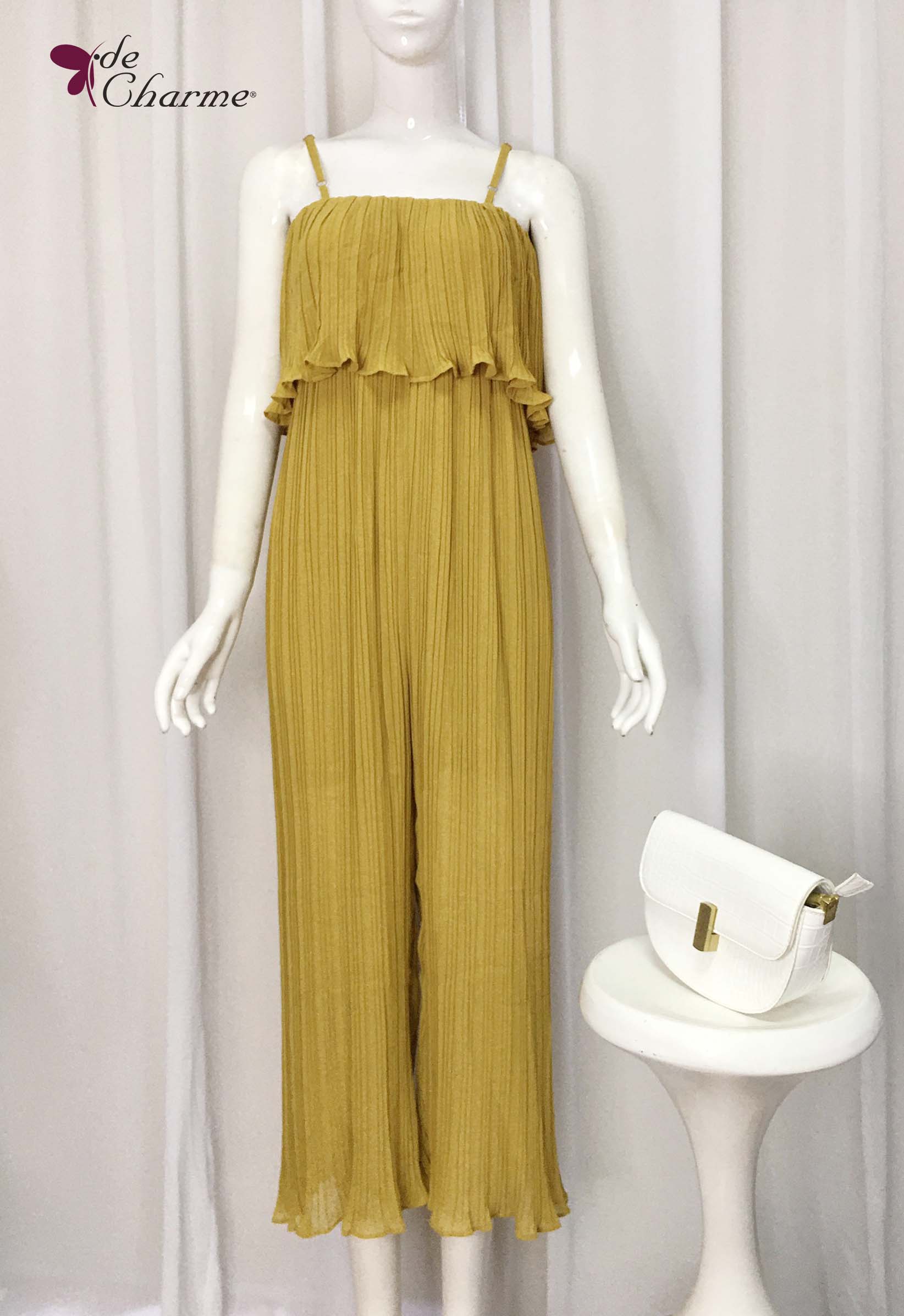 Jumsuit 2 dây dập ly - Vàng - Free size