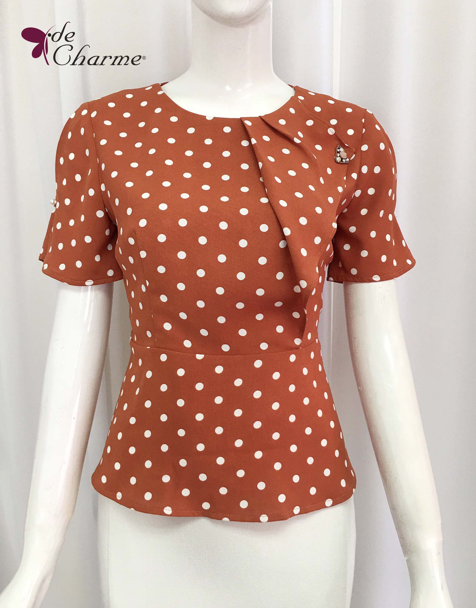 Áo peplum cổ xếp nếp - Chấm bi - S