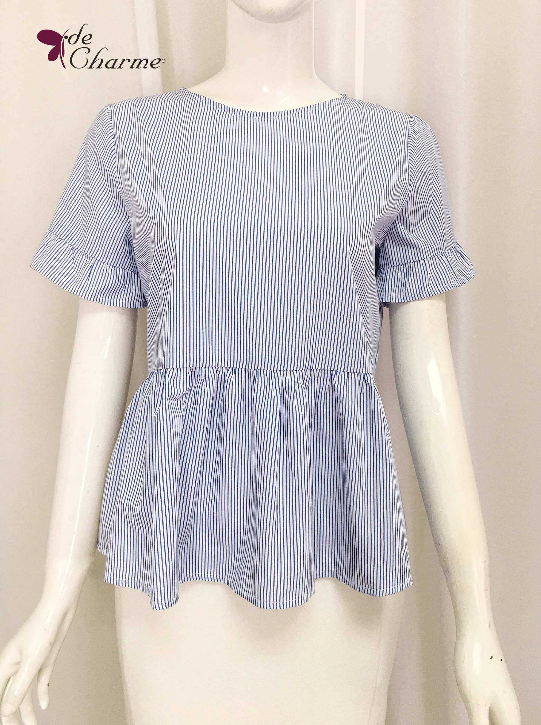 Sơ mi peplum tay nhún bèo - Xanh indigo - L