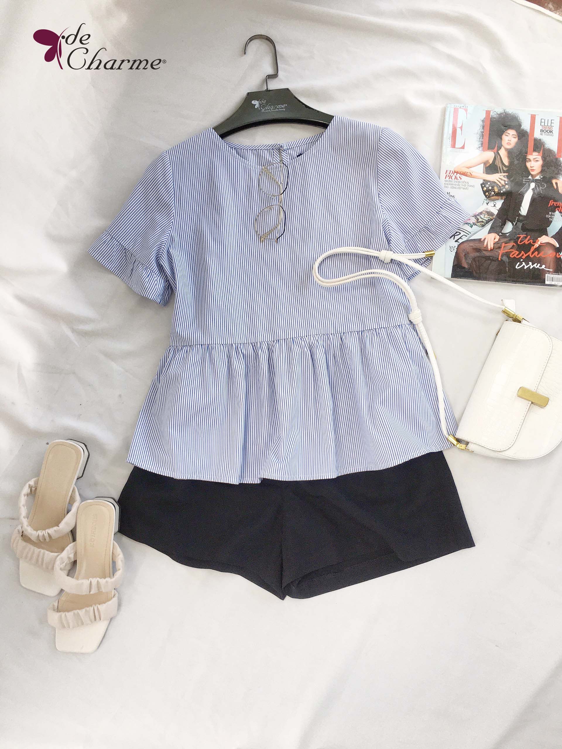 Sơ mi peplum tay nhún bèo - Xanh indigo - S