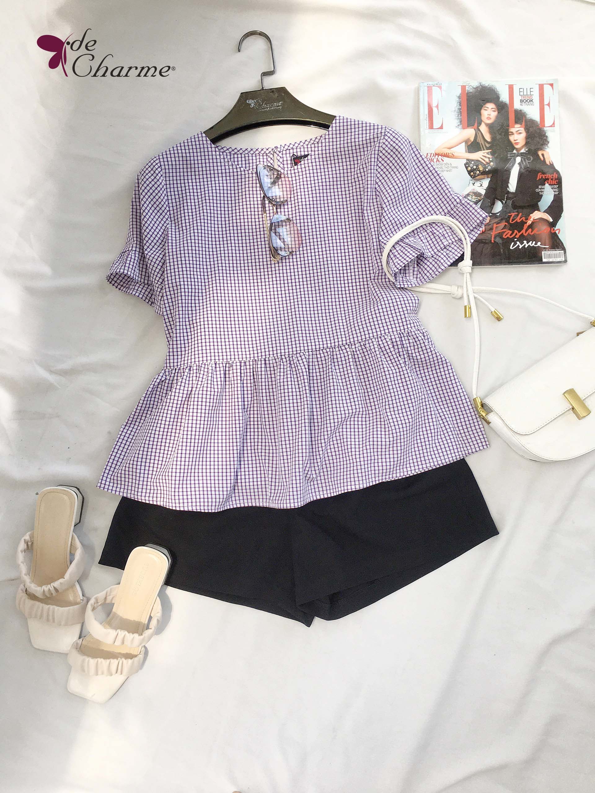 Sơ mi peplum tay nhún bèo - Tím - S