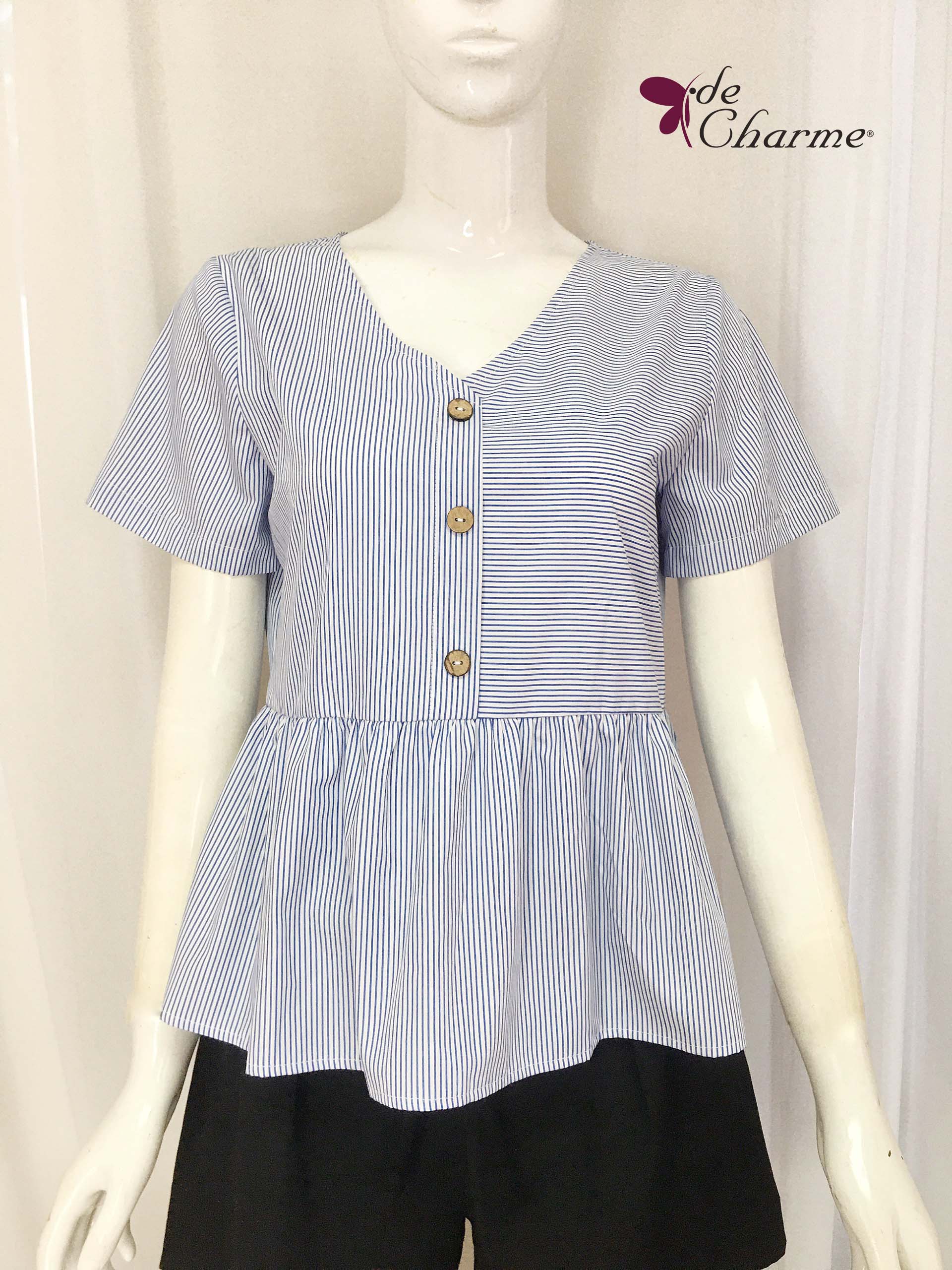 Sơ mi peplum nẹp giả cúc trang trí - Xanh indigo - M