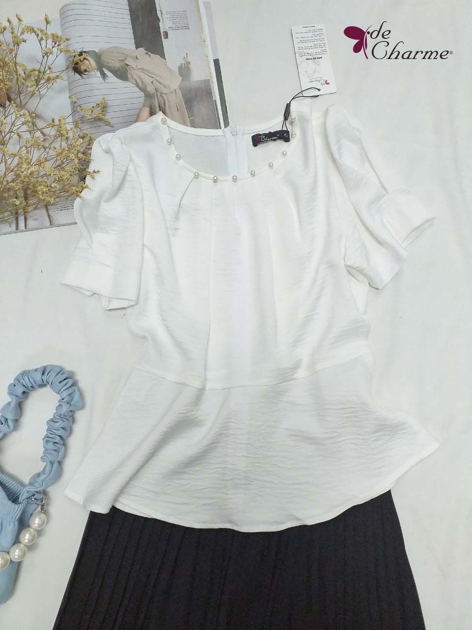 Sơ mi peplum cổ xếp ly trai - Trắng - S
