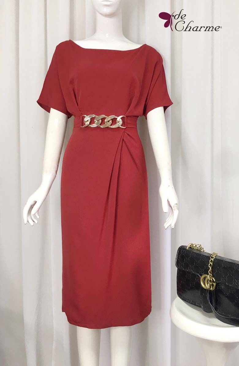 Đầm lụa tay dơi đai eo trang trí - Đỏ - S