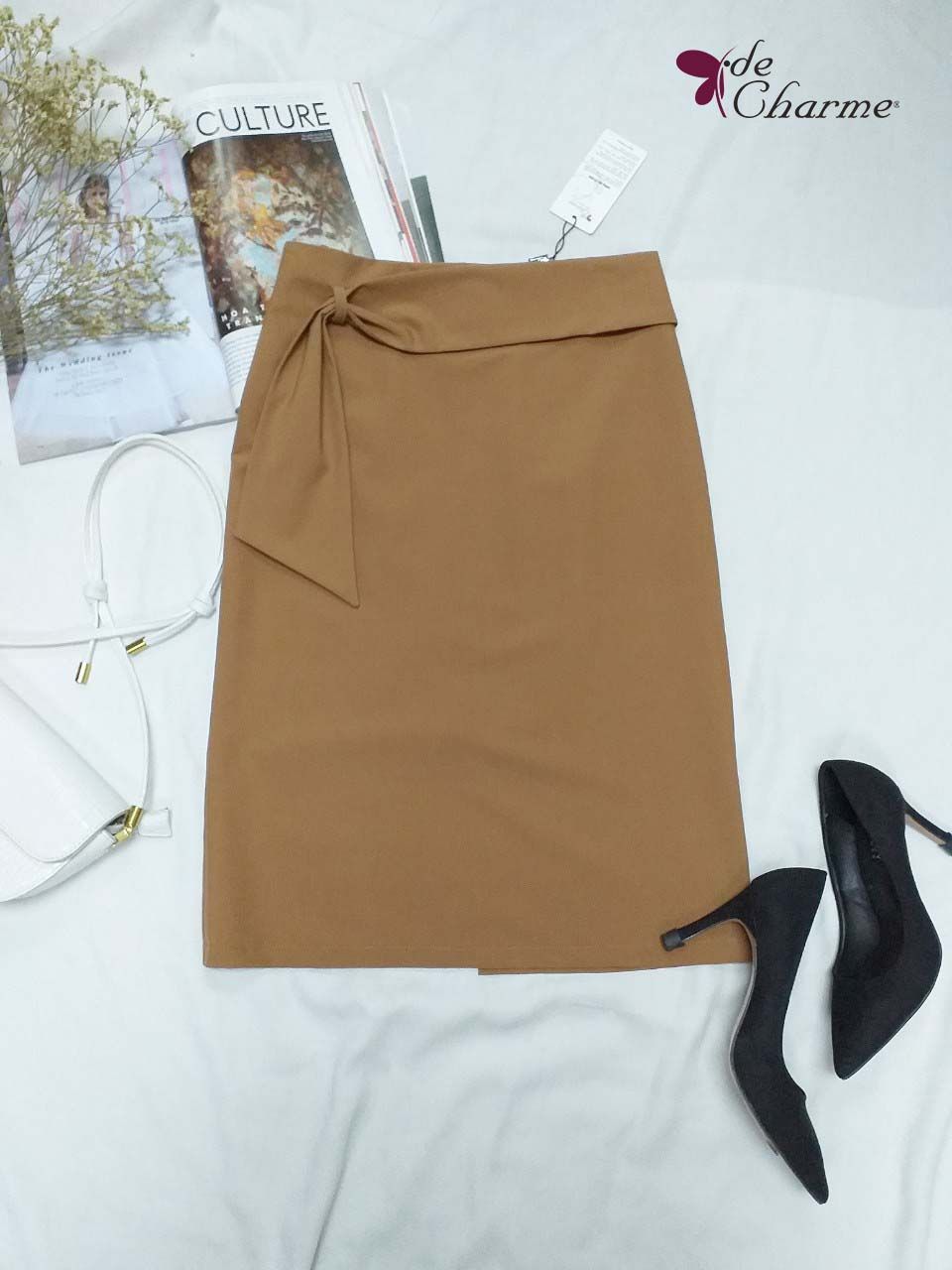 Chân váy ôm cạp nơ rút - Coffee - S