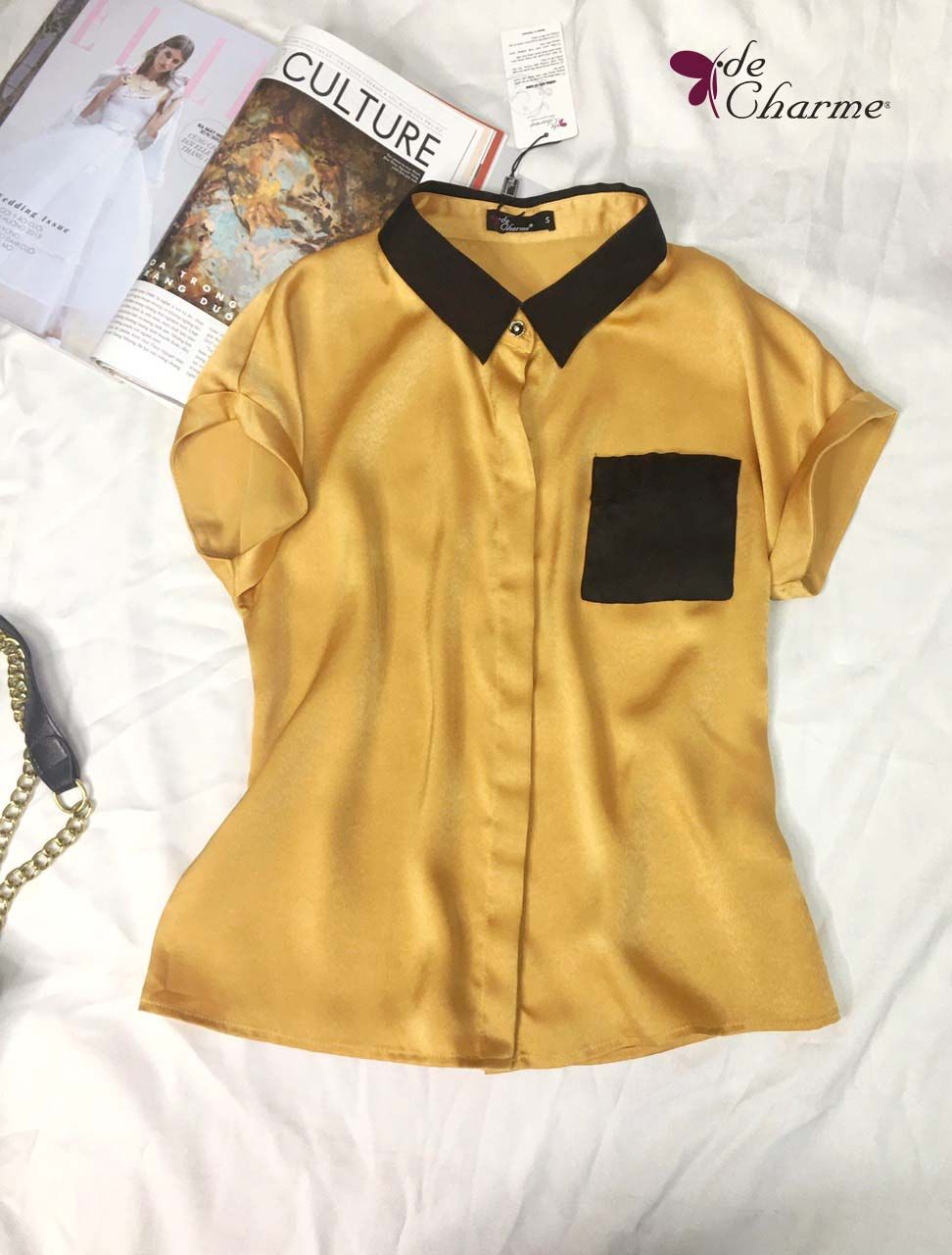 Sơ mi tay chờm cổ orgaza - Vàng - S