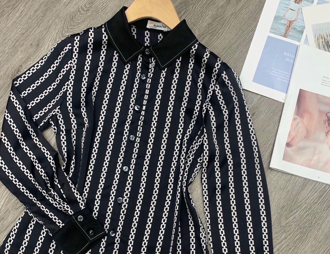Sơ mi họa tiết cổ trần chỉ - Đen - L