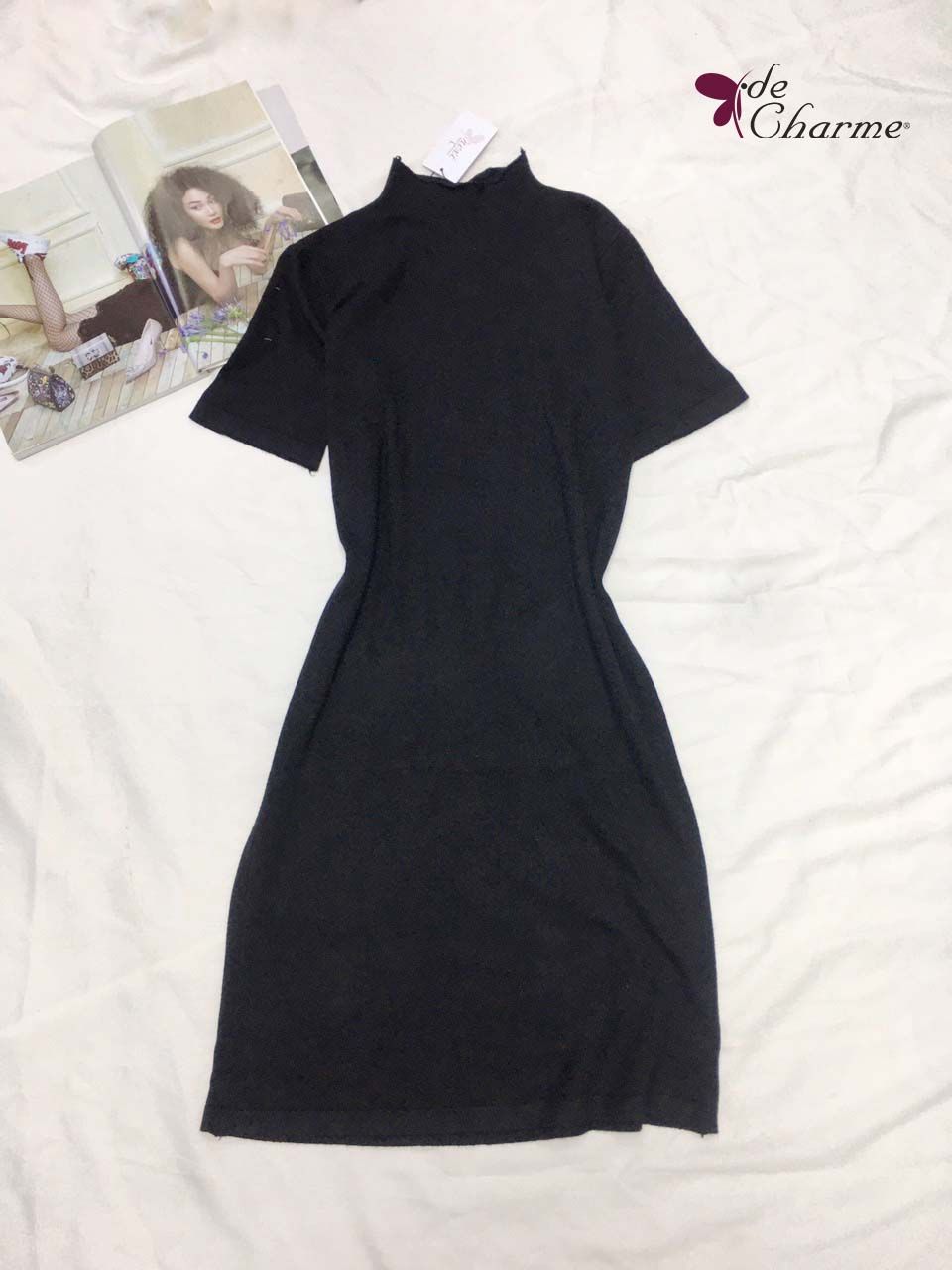Đầm len suông cổ leo tay cộc - Đen - Free size