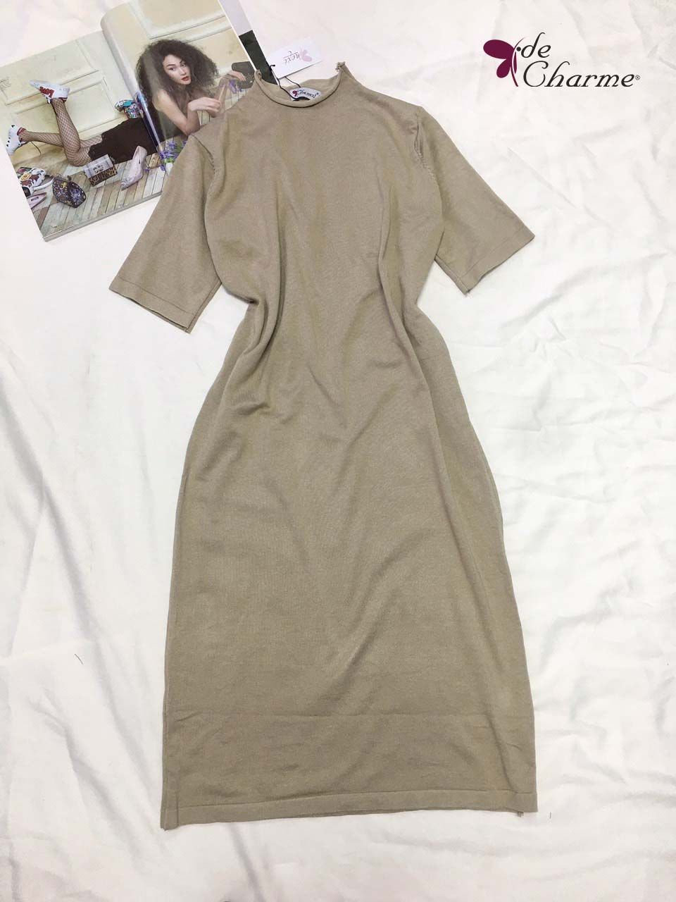Đầm len suông cổ leo tay cộc - Be - Free size