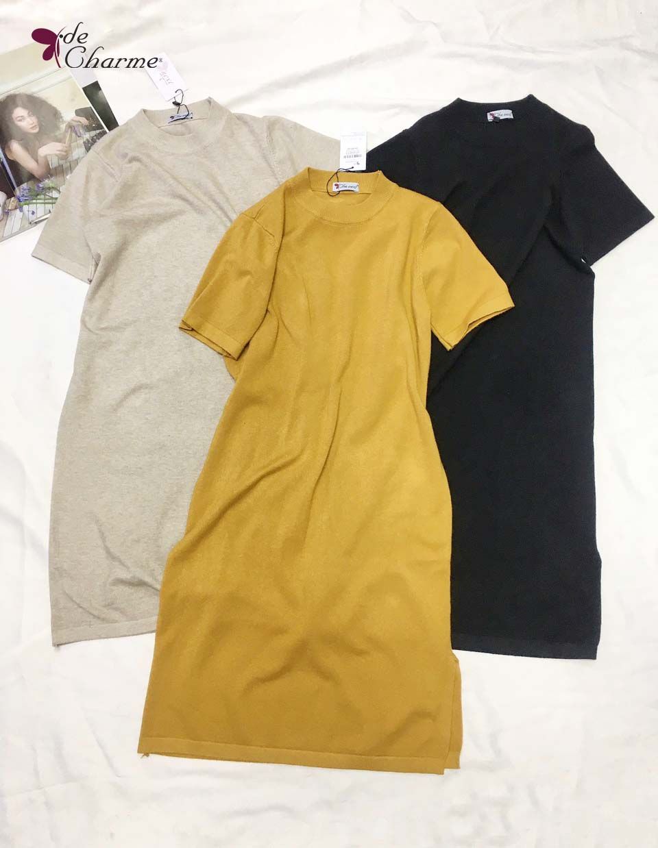 Đầm len suông tay cộc - Đen - Free size