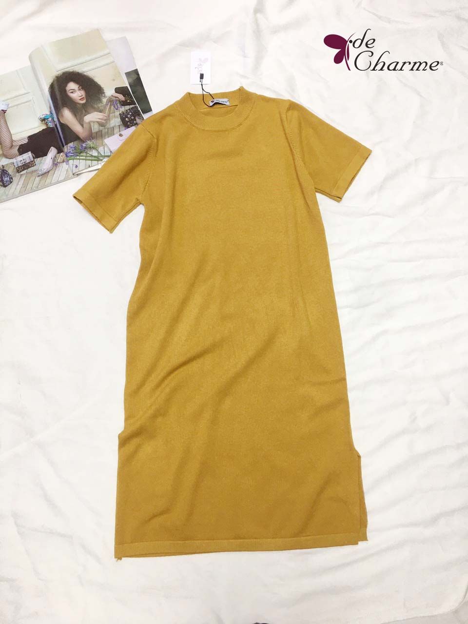 Đầm len suông tay cộc - Vàng - Free size