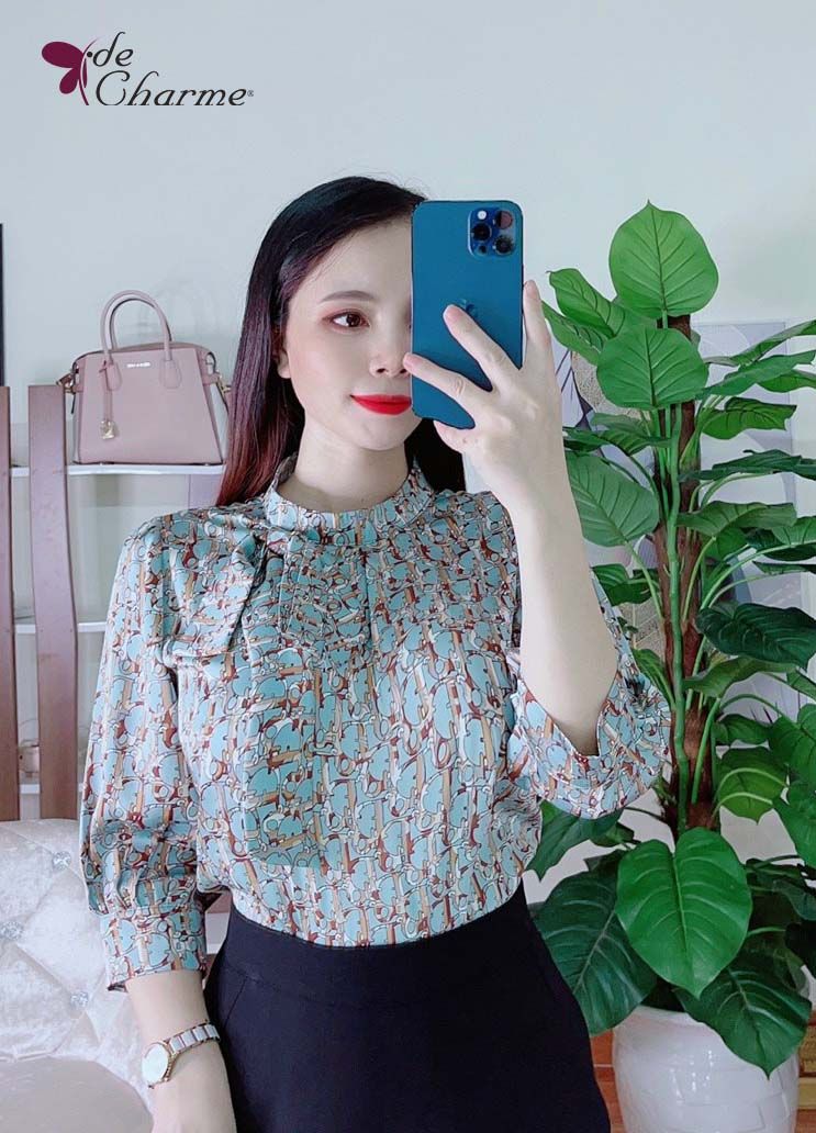 Sơ mi họa tiết tay lỡ cổ leo - Họa tiết - S