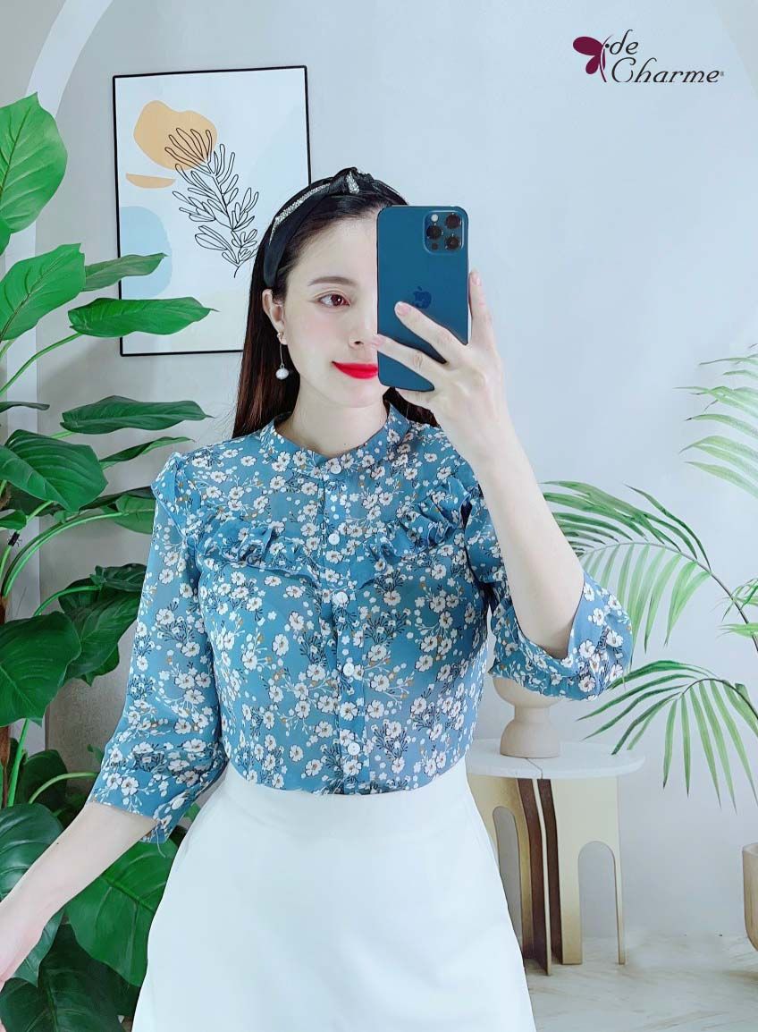 Sơ mi hoa voan tay lỡ bèo ngỡ - Xanh da trời - M