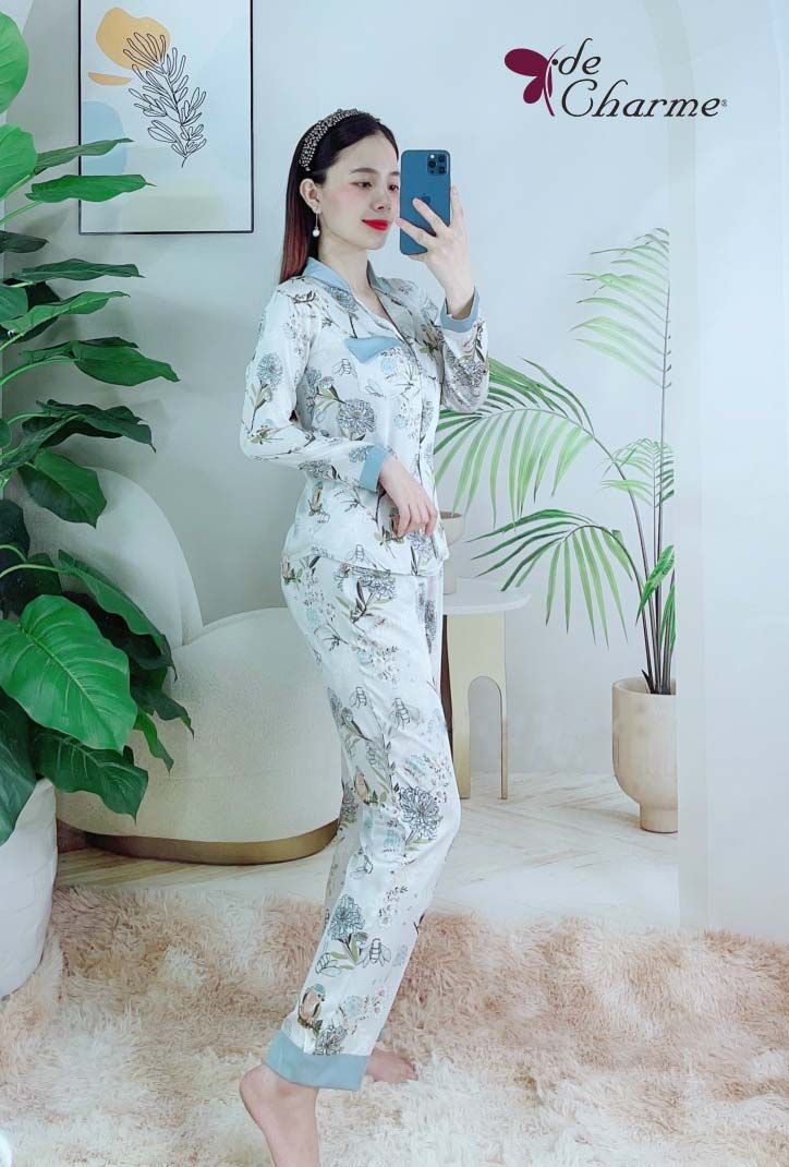 Bộ pijama phối gấu cổ túi gập (Home) - Xanh da trời - S