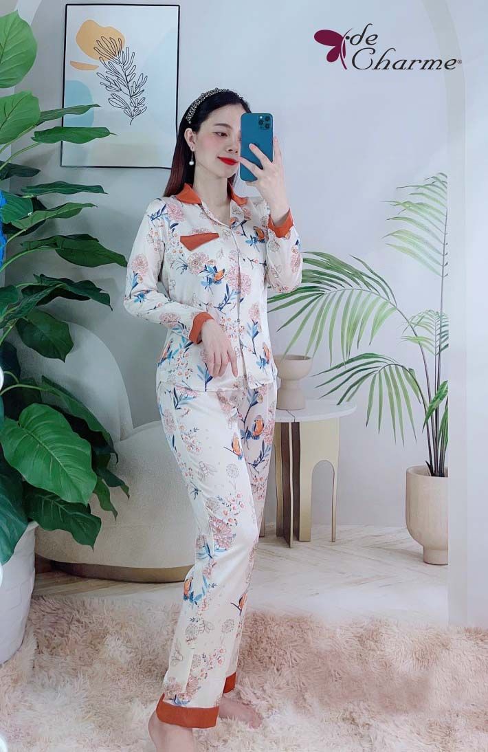 Bộ pijama phối gấu cổ túi gập (Home) - Cam - L