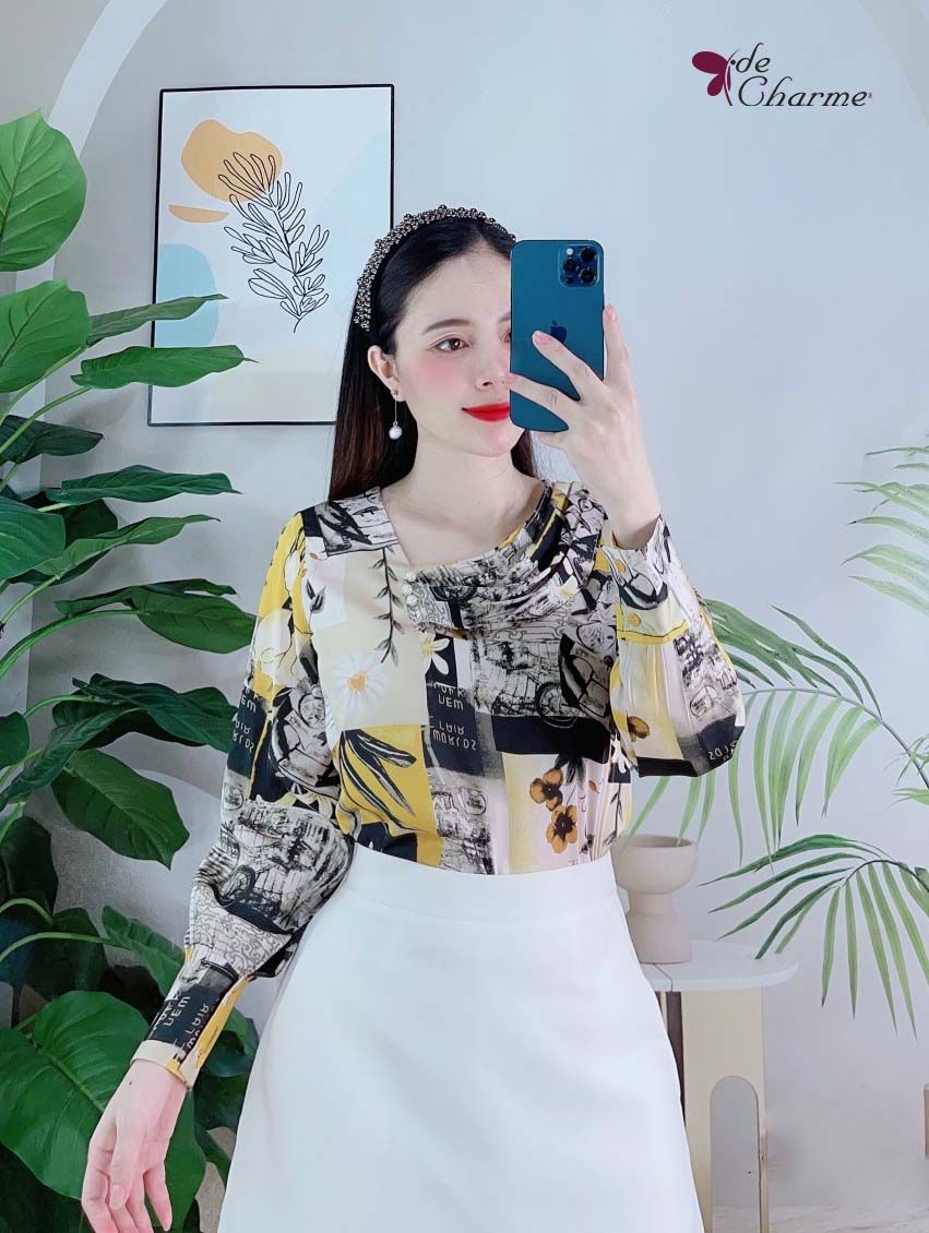 Sơ mi họa tiết cổ xếp lệch - Vàng - L