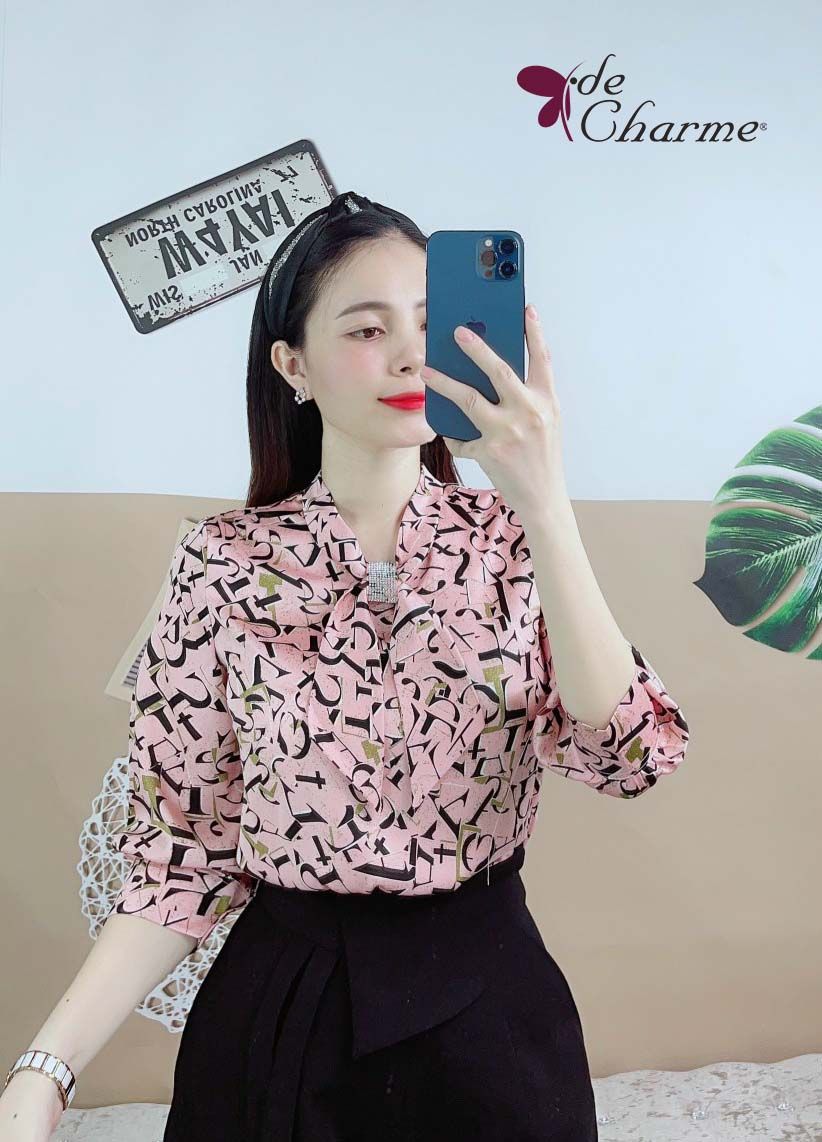 Sơ mi tay lỡ cổ đá nơ vắt - Hồng - L