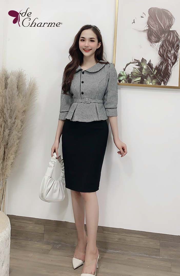 Áo peplum cổ sen đai eo - Họa tiết - L