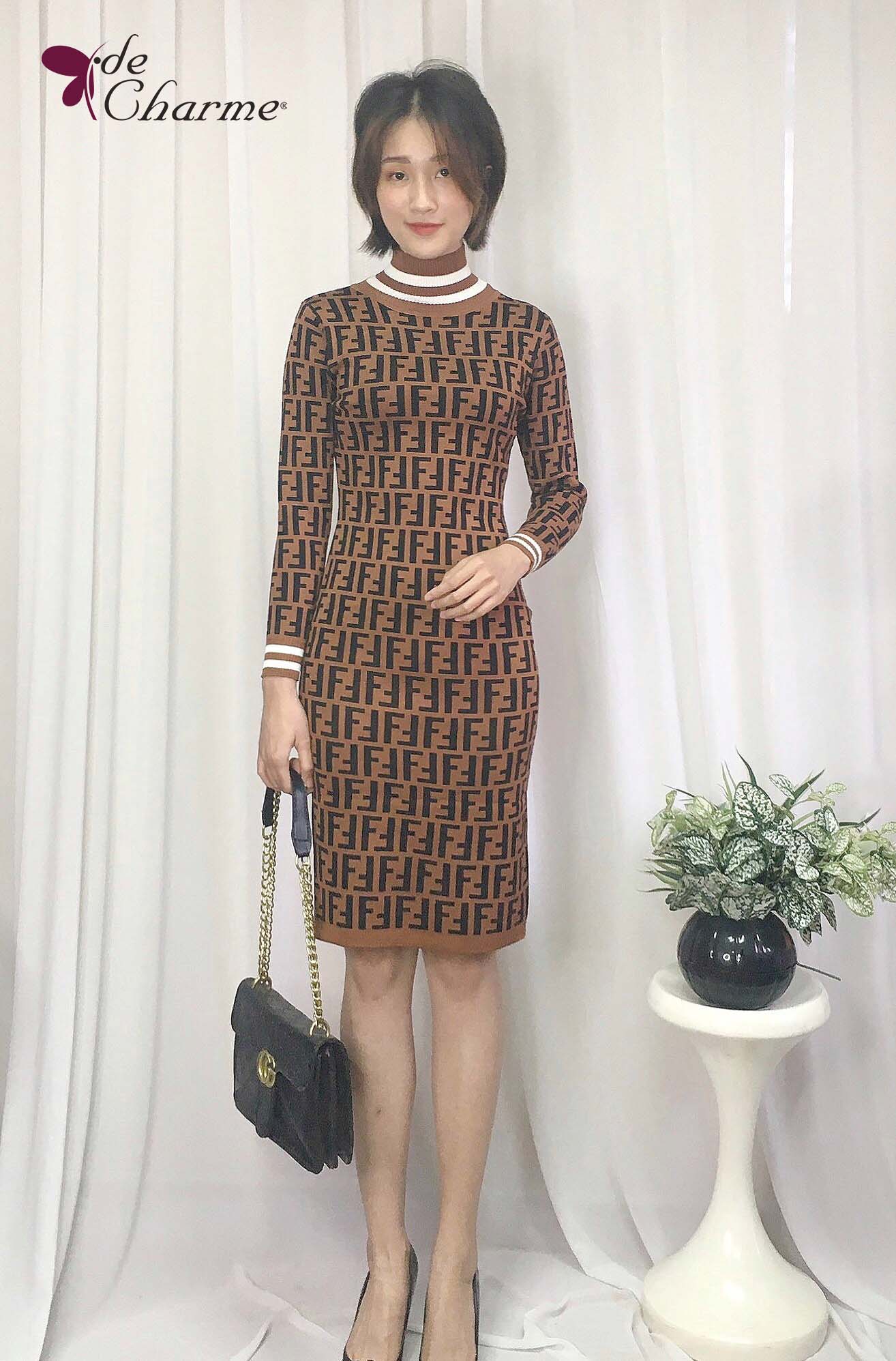 Đầm len body họa tiết FF - Nâu - Free size