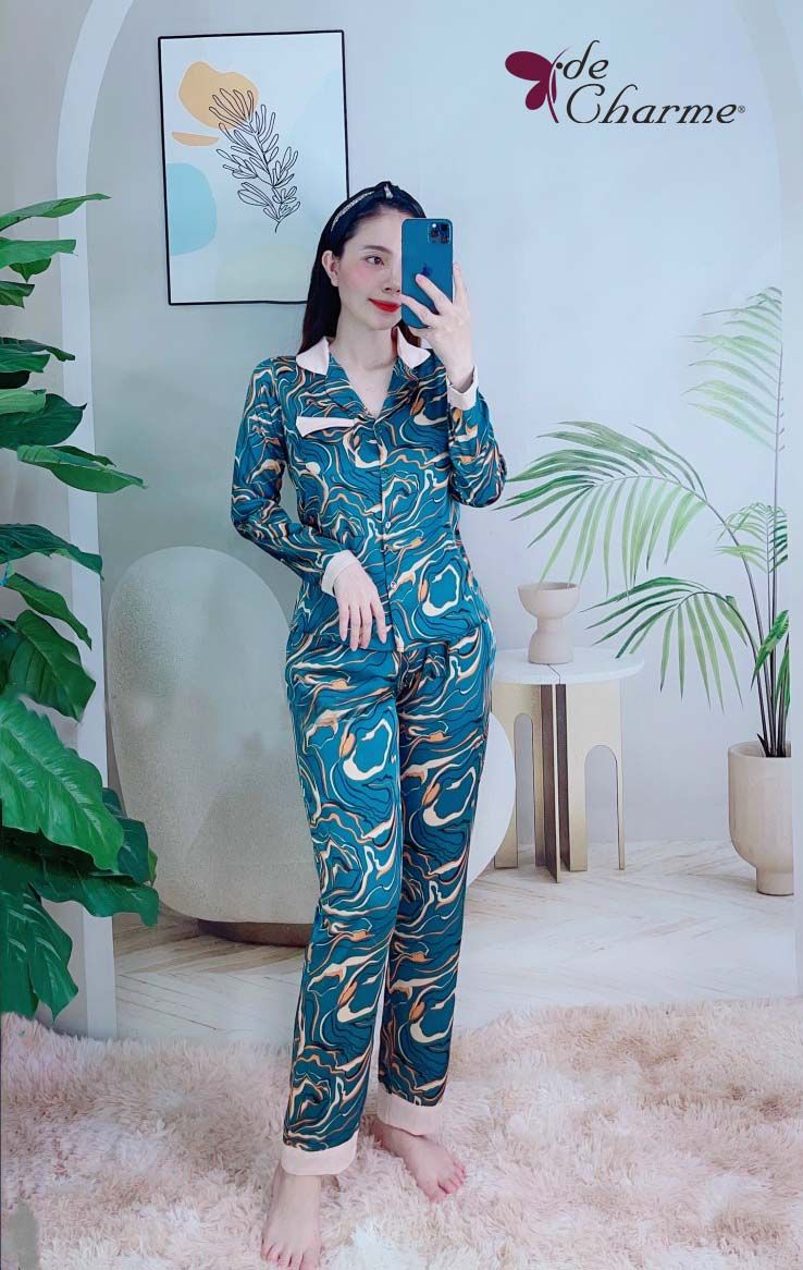 Bộ pijama phối gấu cổ túi gập (Home) - Xanh cổ vịt - M