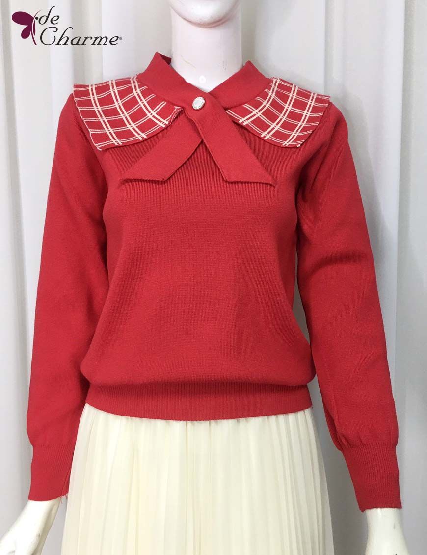 Áo len phối cổ kẻ - Đỏ - Free size
