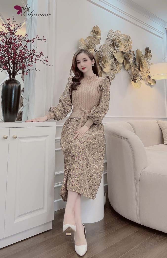 Đầm len phối chân nhung hoa - Nâu - Free size