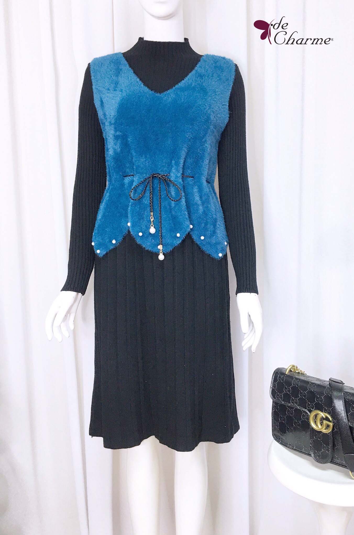 Đầm len dáng dài phối gile lông - Xanh cổ vịt - Free size