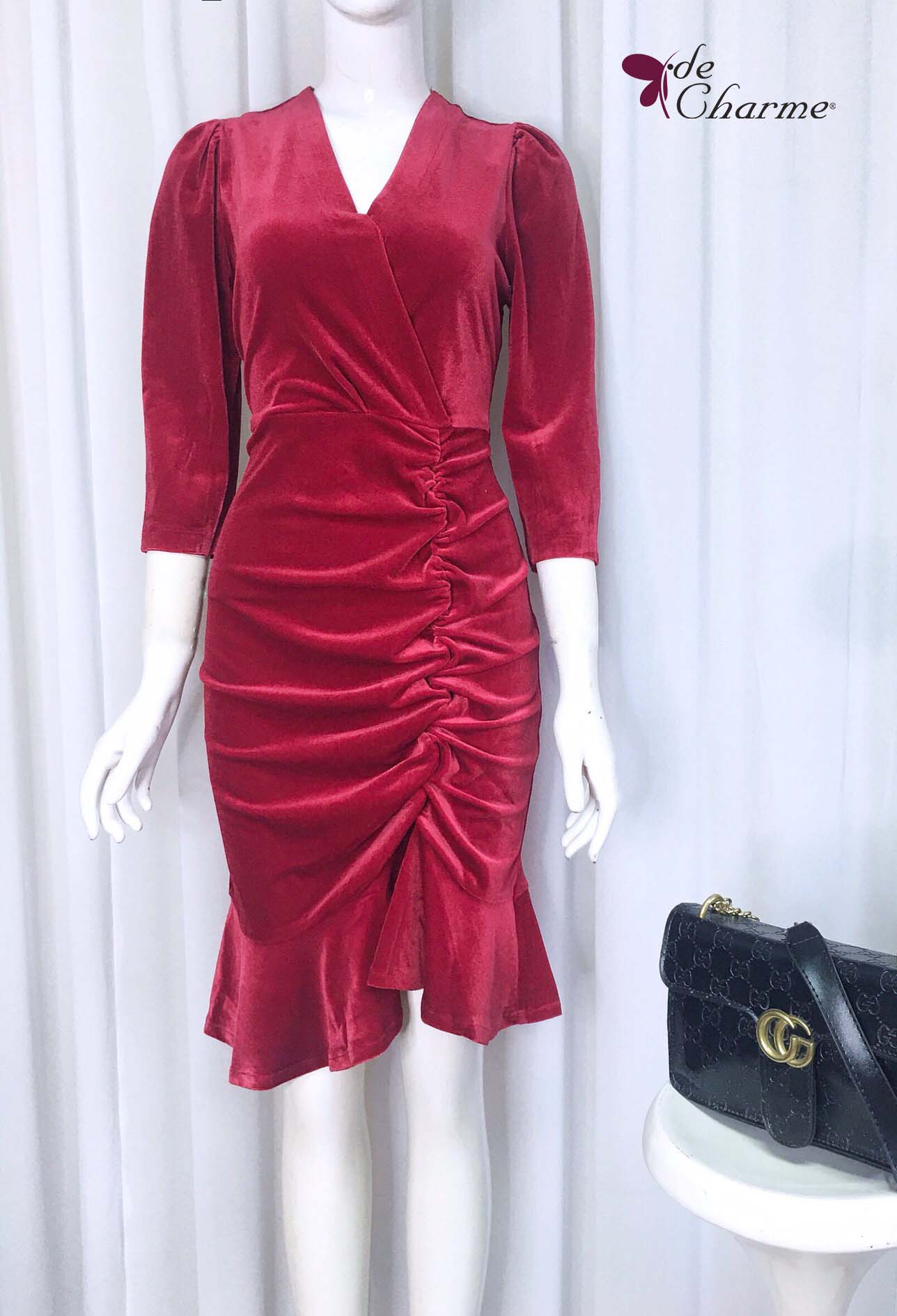 Đầm nhung rút nhún sườn - Đỏ - S