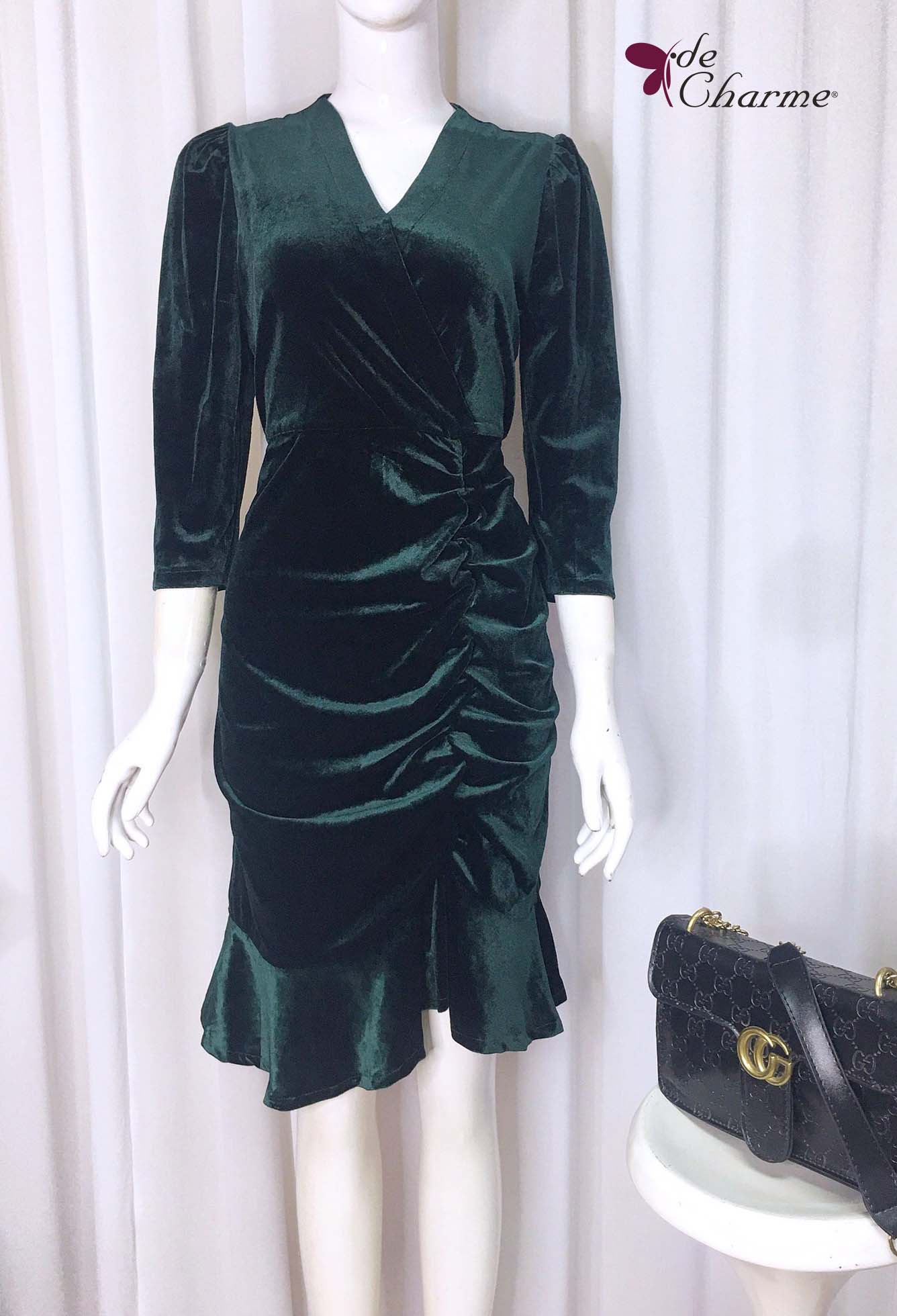 Đầm nhung rút nhún sườn - Xanh lá cây - L