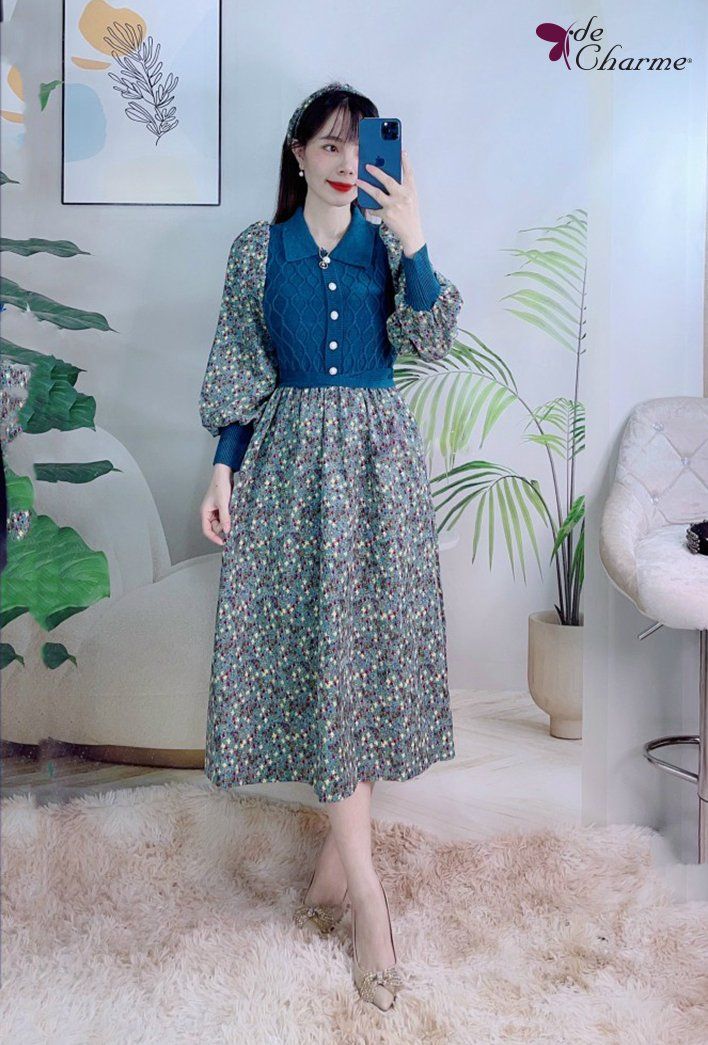Đầm len phối nhung hoa cổ nơ