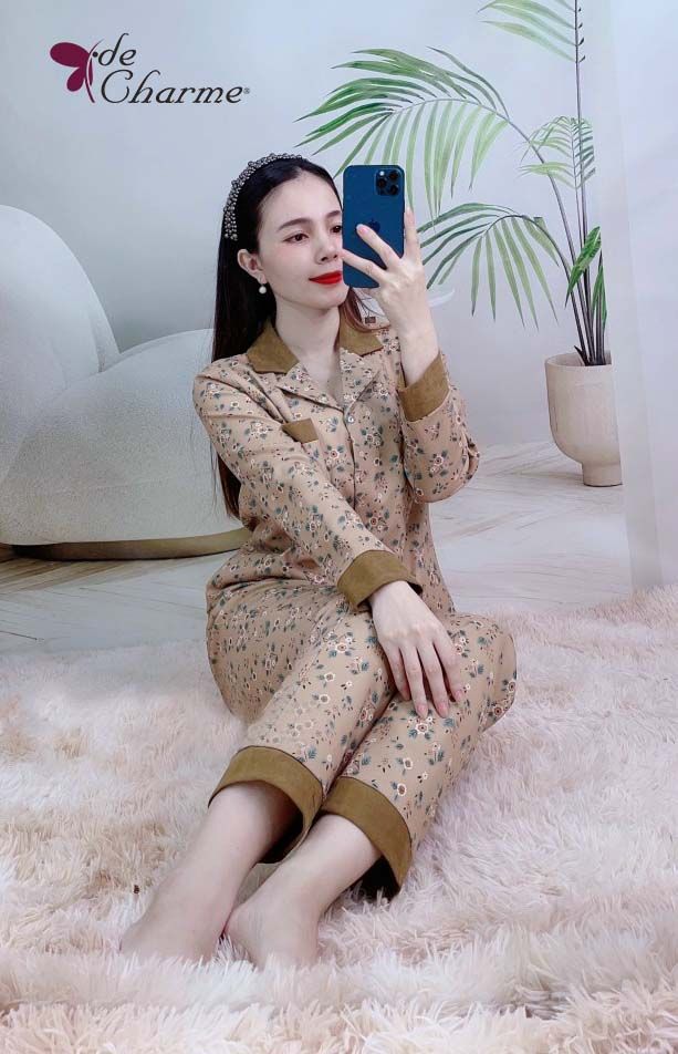 Bộ Home nhung tăm phối cổ - Nâu - L