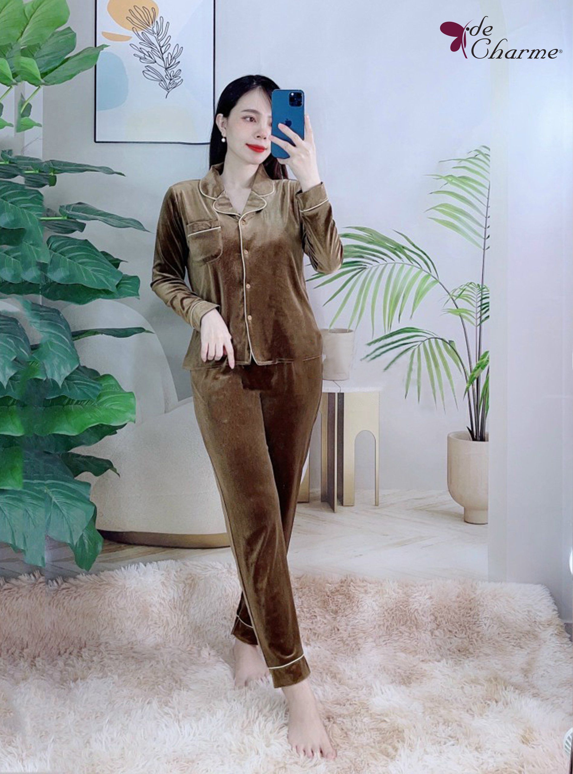 Bộ Home nhung thêu lé viền - Nâu - L