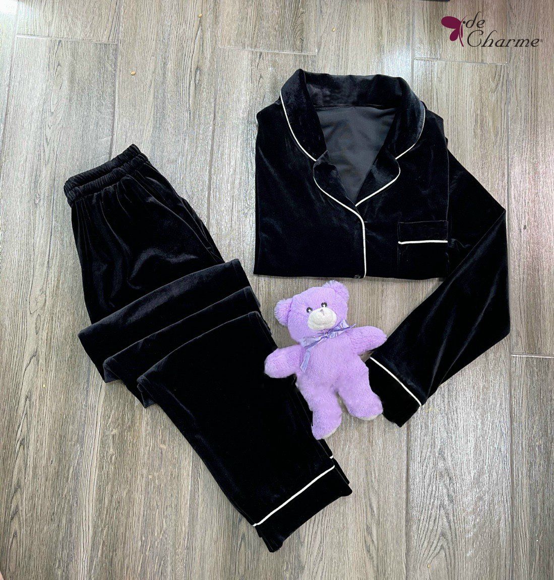 Bộ Home nhung thêu lé viền - Đen - S