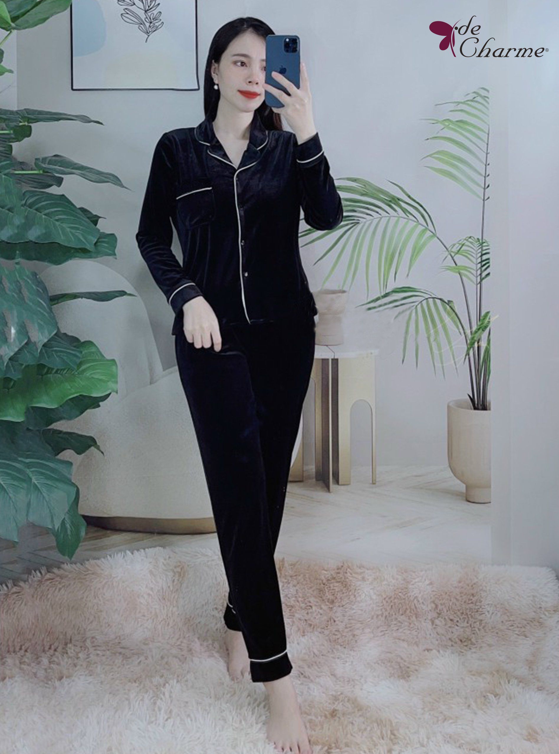Bộ Home nhung thêu lé viền - Đen - L