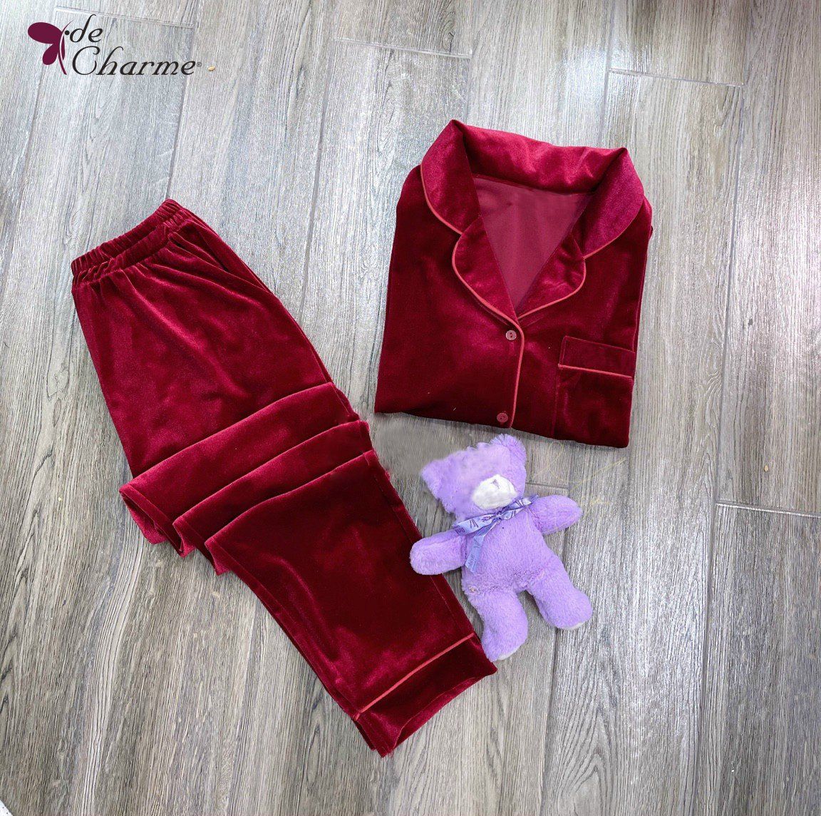 Bộ Home nhung thêu lé viền - Đỏ - M