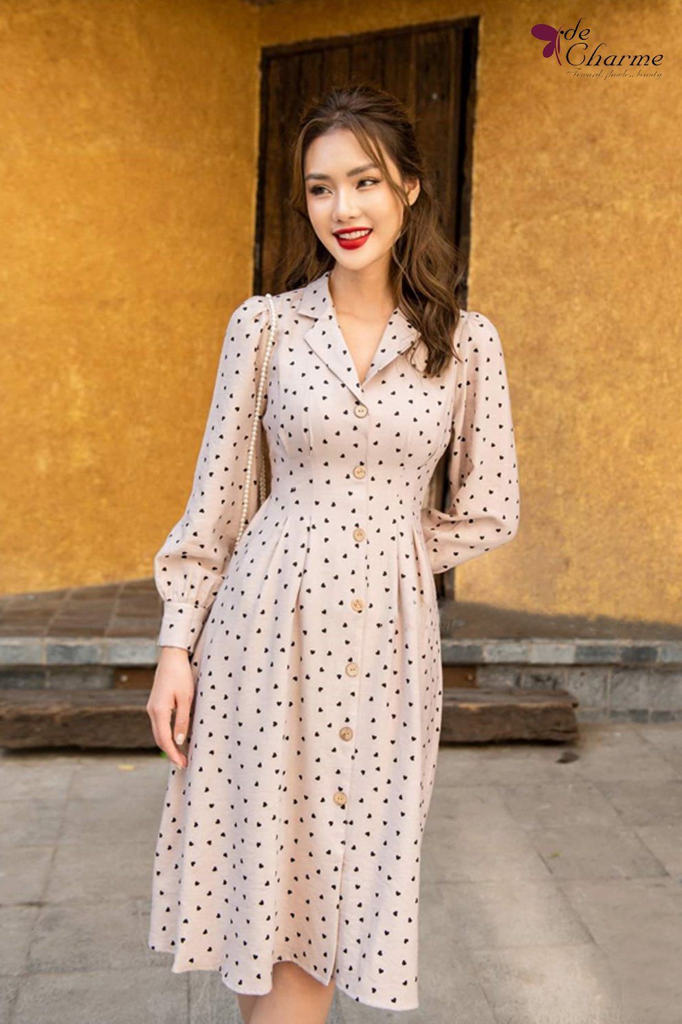 Đầm cổ 2 ve nẹp cúc chân xếp ly - Tím - L