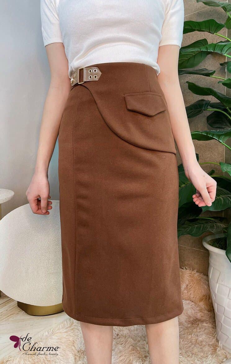 CHân váy dạ cạp lật phối đai - Nâu - M